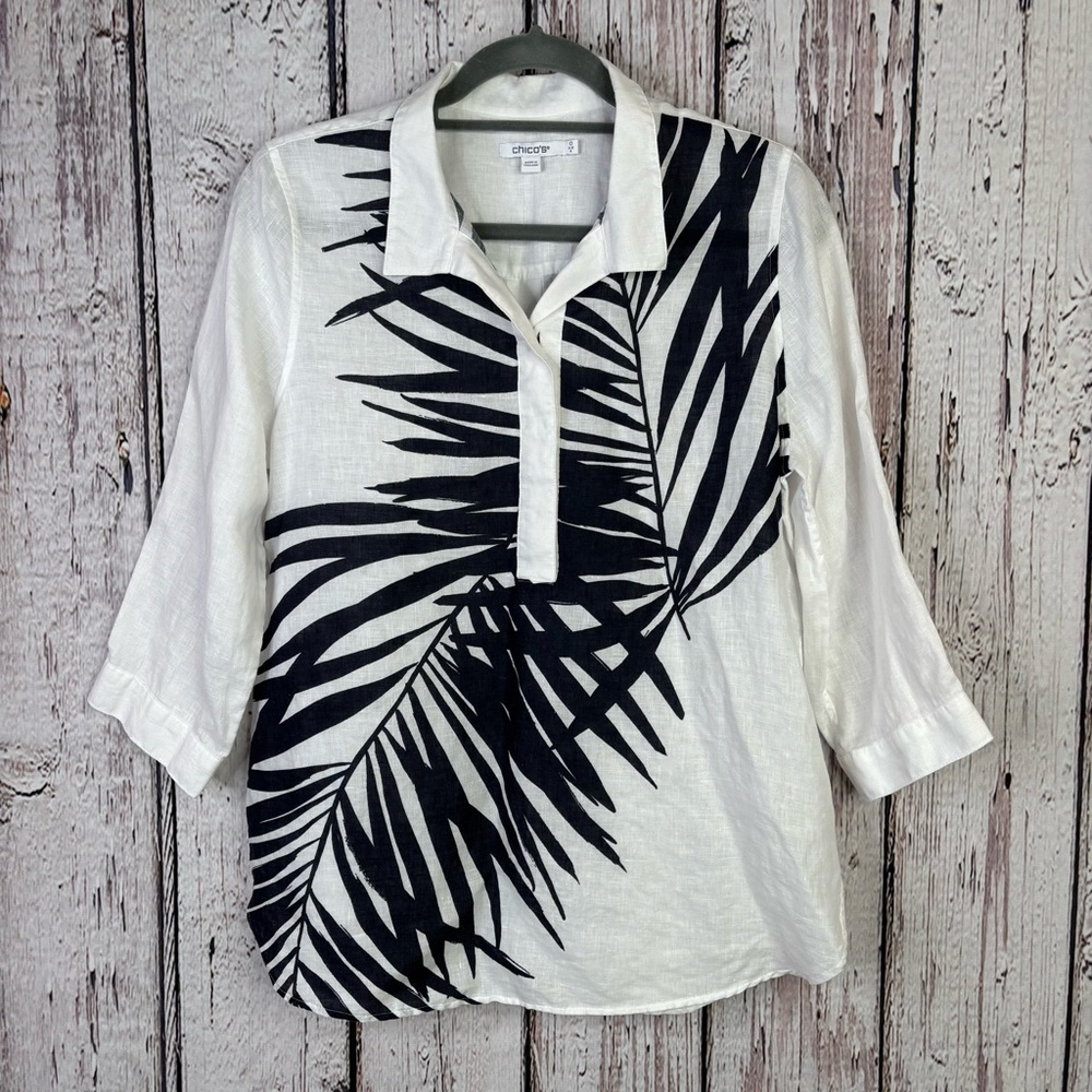 Chico’s 0 Women’s Size 4 Linen Tunic White Navy Palm Print Buttonback 3/4 Sleeve